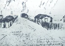 Ranchos de palo a pique de la Villa del Salto, en la esquina de Sarandí (hoy Amorim) y Arapey (hoy Brasil.) En exhibición Museo del Hombre y la Tecnología.