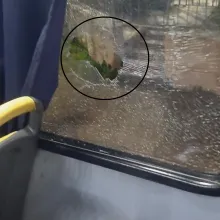 Los daños en el bus urbano tras las piedras que impactaron.